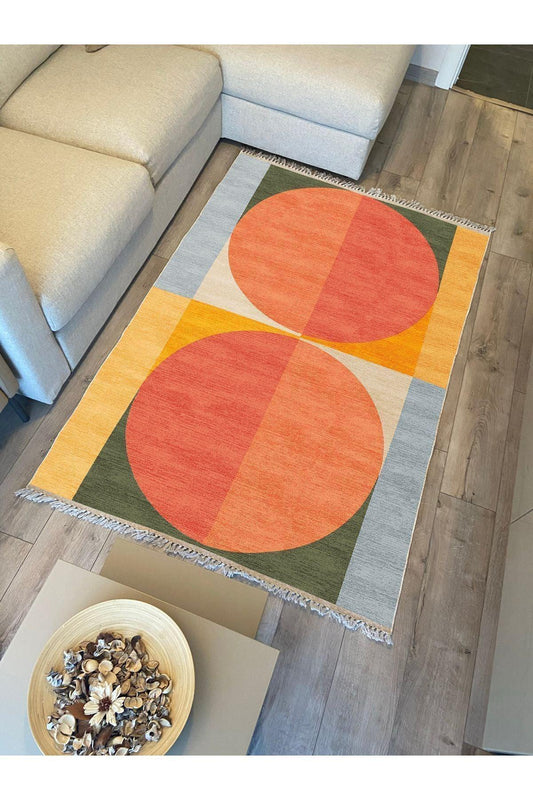Cotton Kilim 32 Turuncu Tonlarında Modern Desenli Dekoratif Yıkanabilen Dokuma Taban Kilim - HALI VAGONU