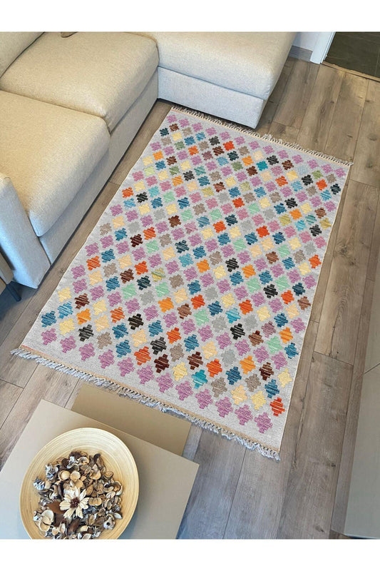 Cotton Kilim 41 Gri Tonlarında Modern Dekoratif Yıkanabilen Dokuma Kilim - HALI VAGONU