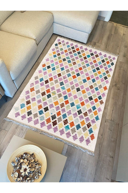 Cotton Kilim 43 Krem Üzerine Geometrik Modern Dekoratif Yıkanabilen Dokuma Kilim - HALI VAGONU