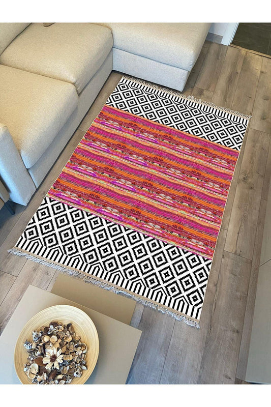 Cotton Kilim 53 Multy Geleneksel Motifler Modern Dekoratif Saçaklı Yıkanabilen Dokuma Kilim - HALI VAGONU