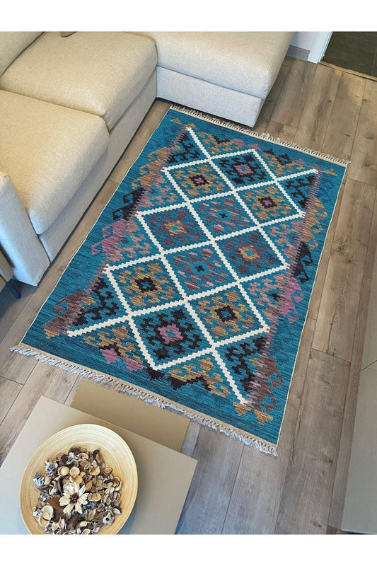 Cotton Kilim 60 Mavi Geleneksel Motifler Modern Dekoratif Saçaklı Yıkanabilen Dokuma Kilim - HALI VAGONU
