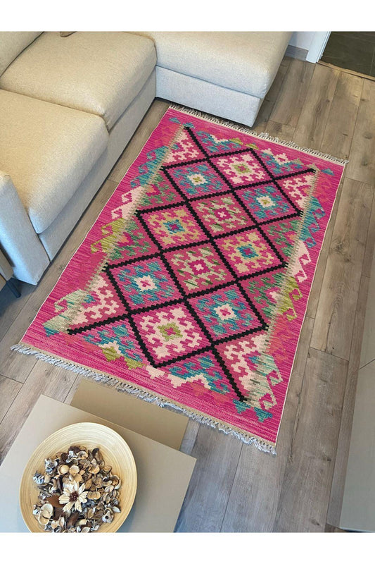 Cotton Kilim 61 Füşya Geleneksel Motifler Modern Dekoratif Saçaklı Yıkanabilen Dokuma Kilim - HALI VAGONU