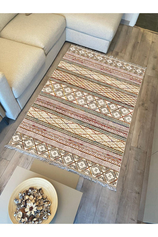 Cotton Kilim 63 Multu Iskandinav Motifler Modern Dekoratif Saçaklı Yıkanabilen Dokuma Kilim - HALI VAGONU