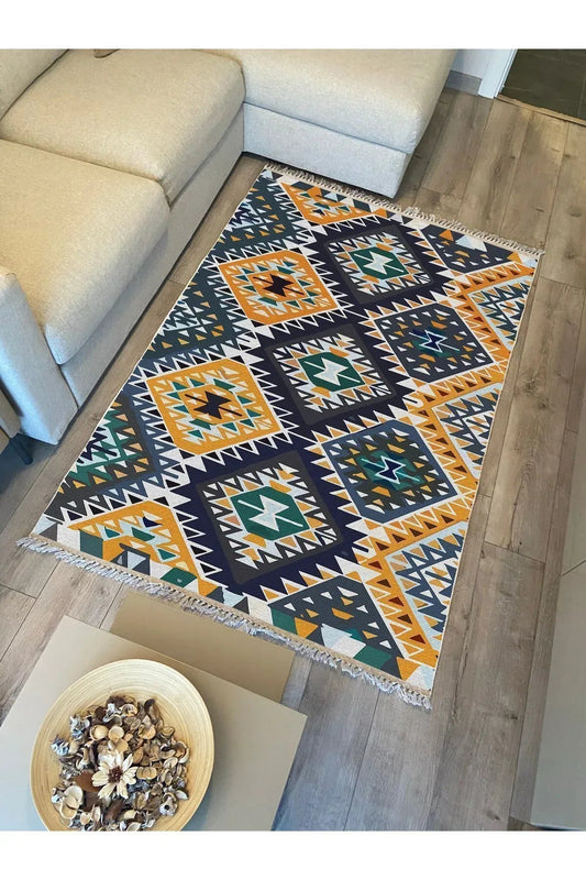 Cotton kilim Hardal Tonunda Geometrik Desenli Dekoratif Yıkanabilen Dokuma Taban Kilim - HALI VAGONU