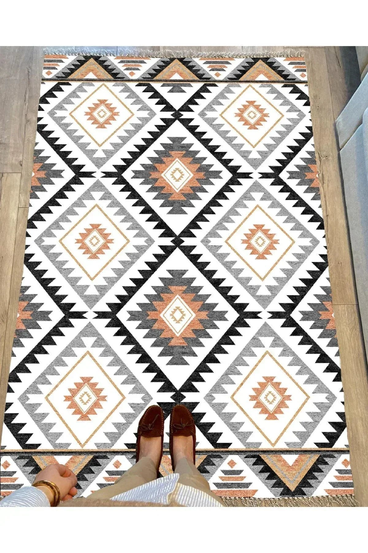 Cotton Serisi Baklava Desenli Eskitme Desenli Dekoratif Dokuma Taban Kilim - HALI VAGONU