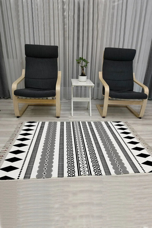 Cotton Serisi Beyaz Siyah Iskandinav Eskitme Desenli Dekoratif Dokuma Taban Kilim - HALI VAGONU
