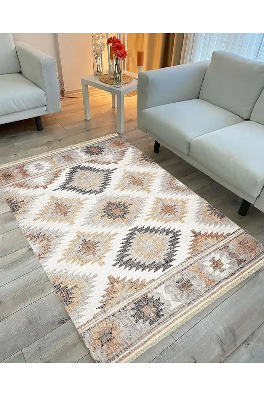 Cotton Serisi Ekitme Kahve Tonlarında Otantik Naturel Desen Dekoratif Dokuma Taban Kilim - HALI VAGONU