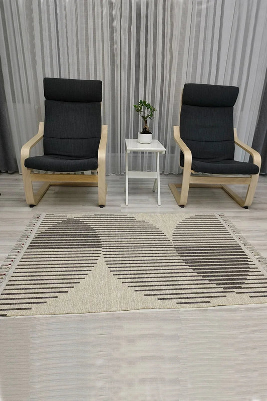 Cotton Serisi Gri Tonlarında Dairesel Düz Çizgili Etnik Desen Dekoratif Dokuma Taban Kilim - HALI VAGONU