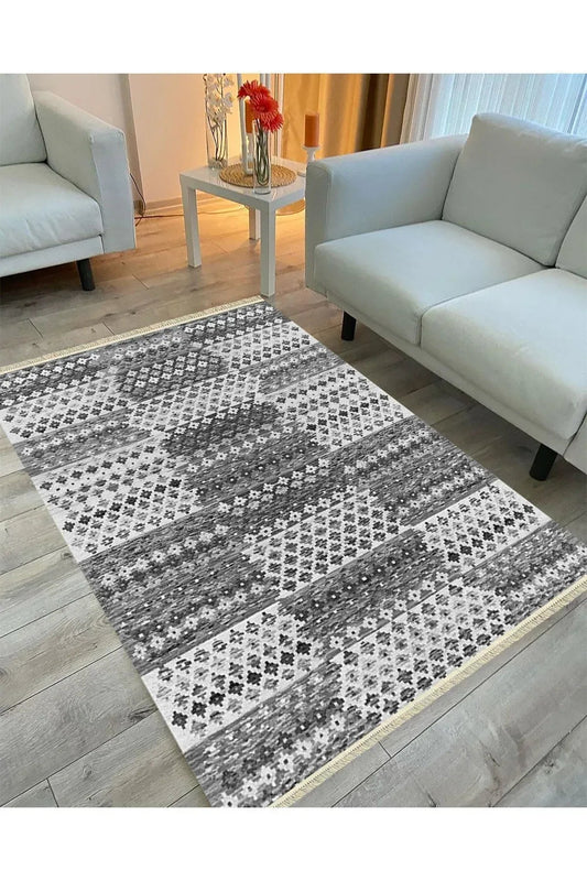 Cotton Serisi Gri Tonlarında Geometrik Eskitme Desen Dekoratif Dokuma Taban Kilim - HALI VAGONU