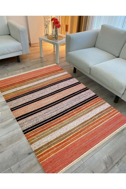 Cotton Serisi Hasır Görümlü Çıtır Düz Çizgili Eskitme Desen Dekoratif Dokuma Taban Kilim - HALI VAGONU