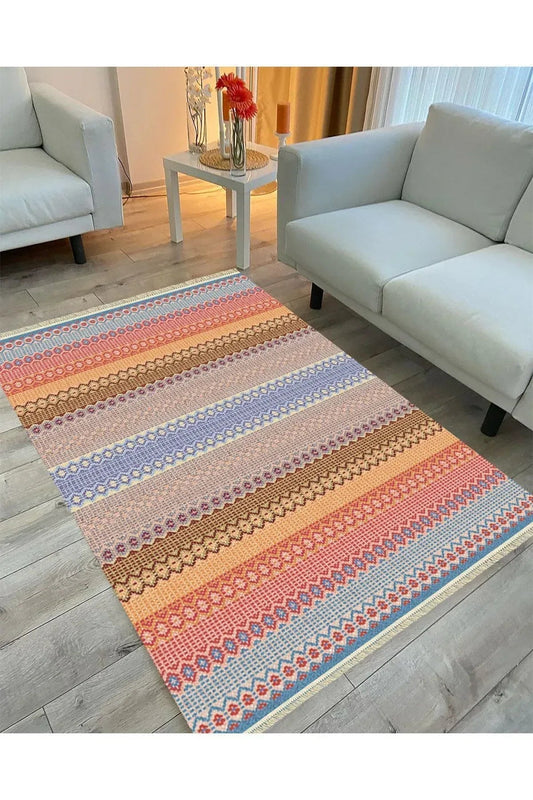 Cotton Serisi Hasır Görünümlü Multy Tonlarında Modern Desen Dekoratif Dokuma Taban Kilim - HALI VAGONU