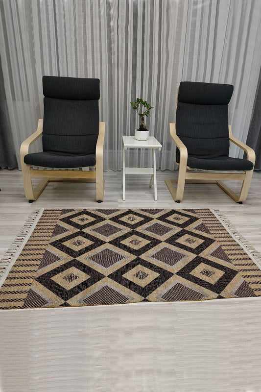 Cotton Serisi Kahve Tonları Üçgen Geometrik Desenli Dekoratif Dokuma Taban Kilim - HALI VAGONU