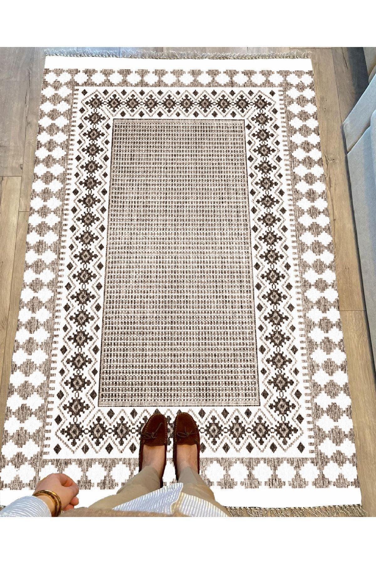 Cotton Serisi Kahve Tonlarında Antika Eskitme Desen Dekoratif Dokuma Taban Kilim - HALI VAGONU