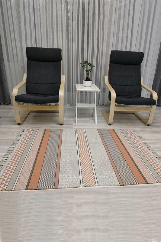 Cotton Serisi Kahve Tonlarında Etnik Desenli Dekoratif Dokuma Taban Kilim - HALI VAGONU