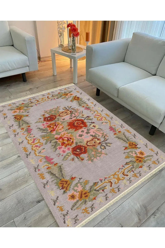 Cotton Serisi Kırmızı Çiçekli Bordürlü Gri Taban Otantik Dekoratif Dokuma Taban Kilim - HALI VAGONU