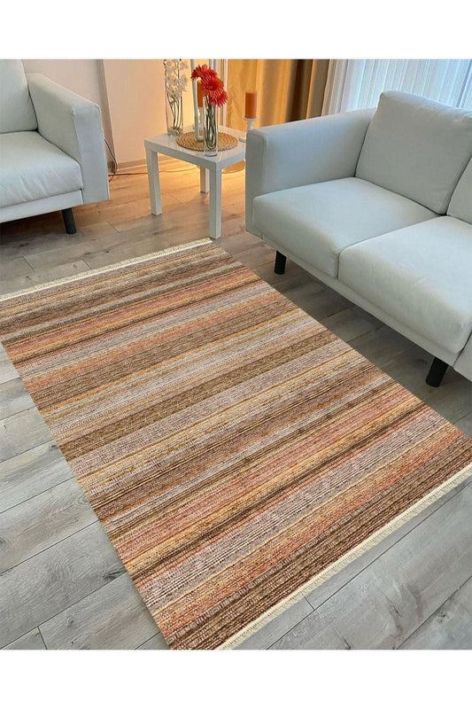 Cotton Serisi Koyu Kahve Tonlarında Mermer Görünümlü Otantik Dekoratif Dokuma Taban Kilim - HALI VAGONU