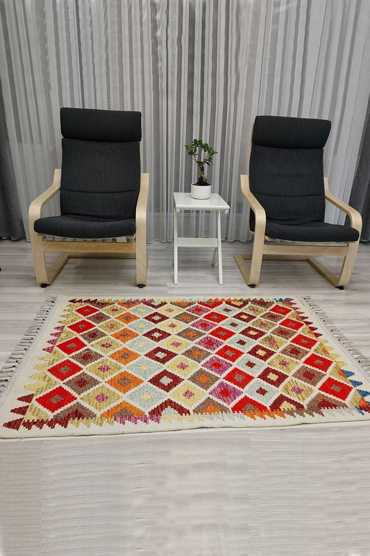 Cotton Serisi Multy Tonlar Otantik Baklava Desenli Dekoratif Dokuma Taban Kilim - HALI VAGONU