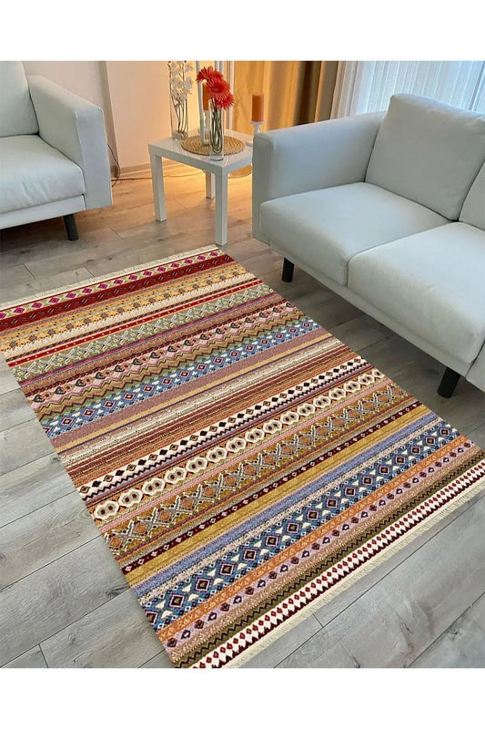 Cotton Serisi Multy Tonlarında Antika Esitme Desenli Dekoratif Dokuma Taban Kilim - HALI VAGONU