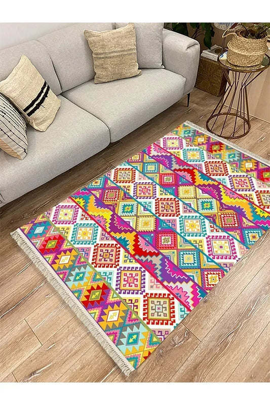 Cotton Serisi Multy Tonlarında Baklavalı Desen Dekoratif Dokuma Taban Kilim - HALI VAGONU