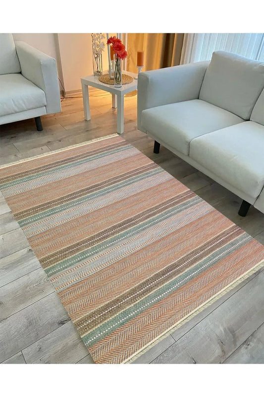 Cotton Serisi Multy Tonlarında Çizgili Eskitme Etnik Desenli Dekoratif Dokuma Taban Kilim - HALI VAGONU