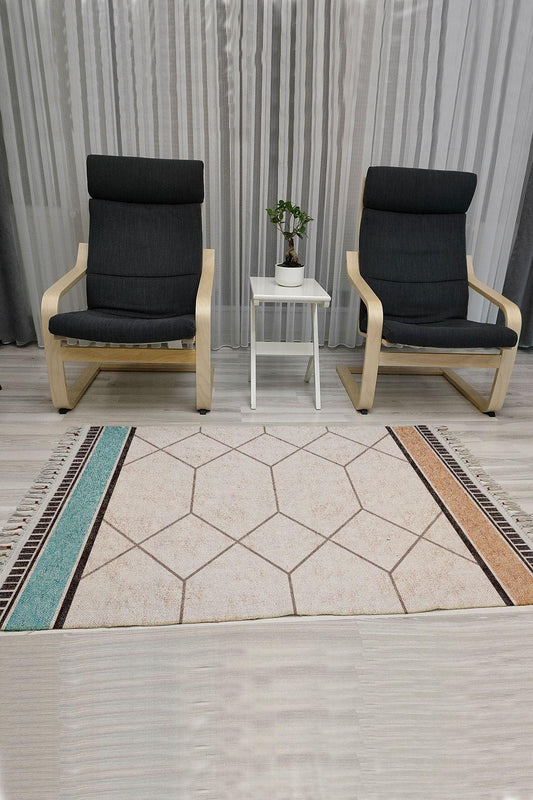 Cotton Serisi Multy Tonlarında Çokgen Eskitme Desen Dekoratif Dokuma Taban Kilim - HALI VAGONU