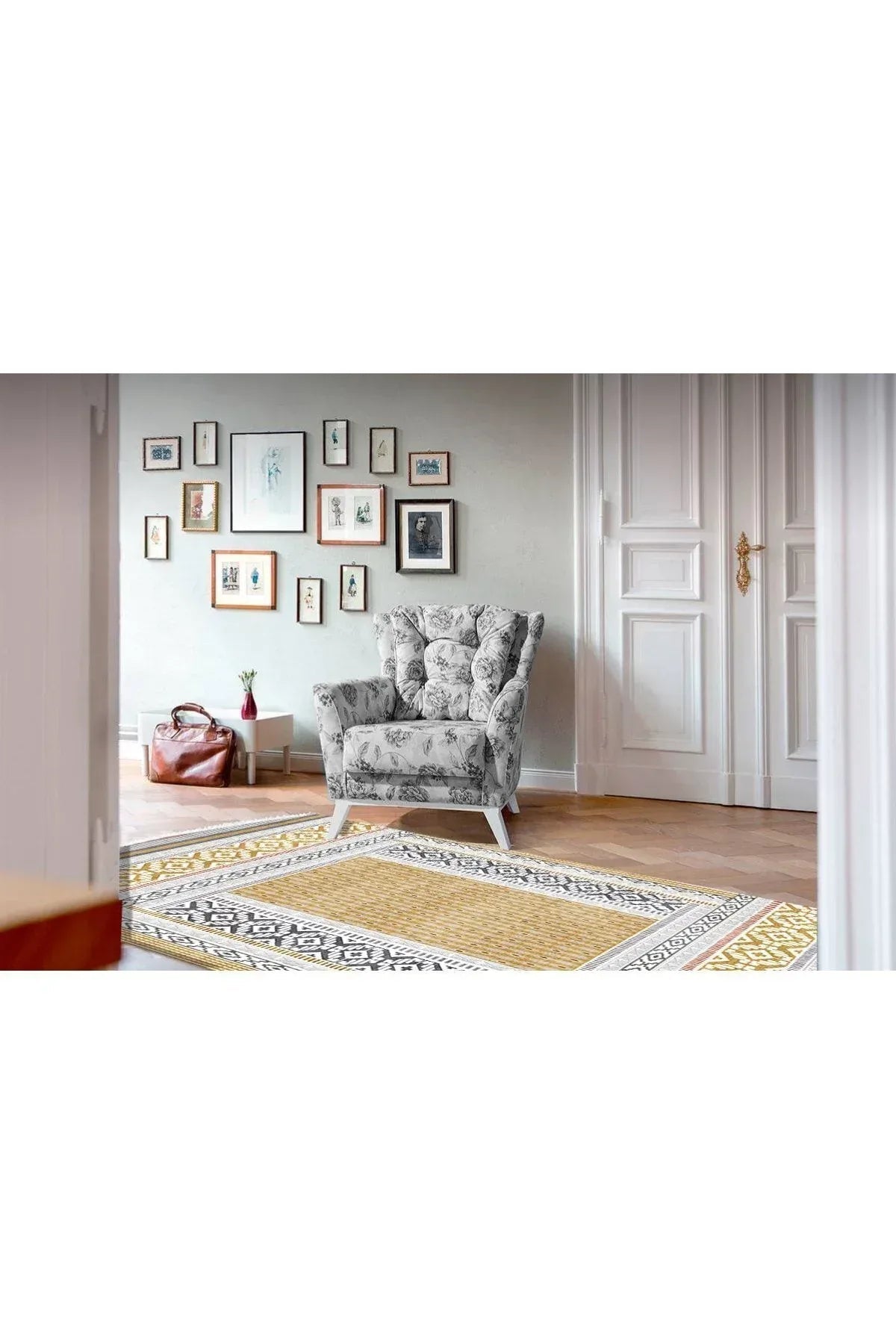 Cotton Serisi Sarı Yunan Motifli Eskitme Antik Otantik Desen Dekoratif Dokuma Taban Kilim - HALI VAGONU