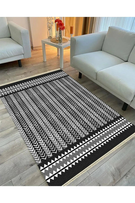 Cotton Serisi Siyah Beyaz Geometrik Etnik Eskitme Desenli Dekoratif Dokuma Taban Kilim - HALI VAGONU