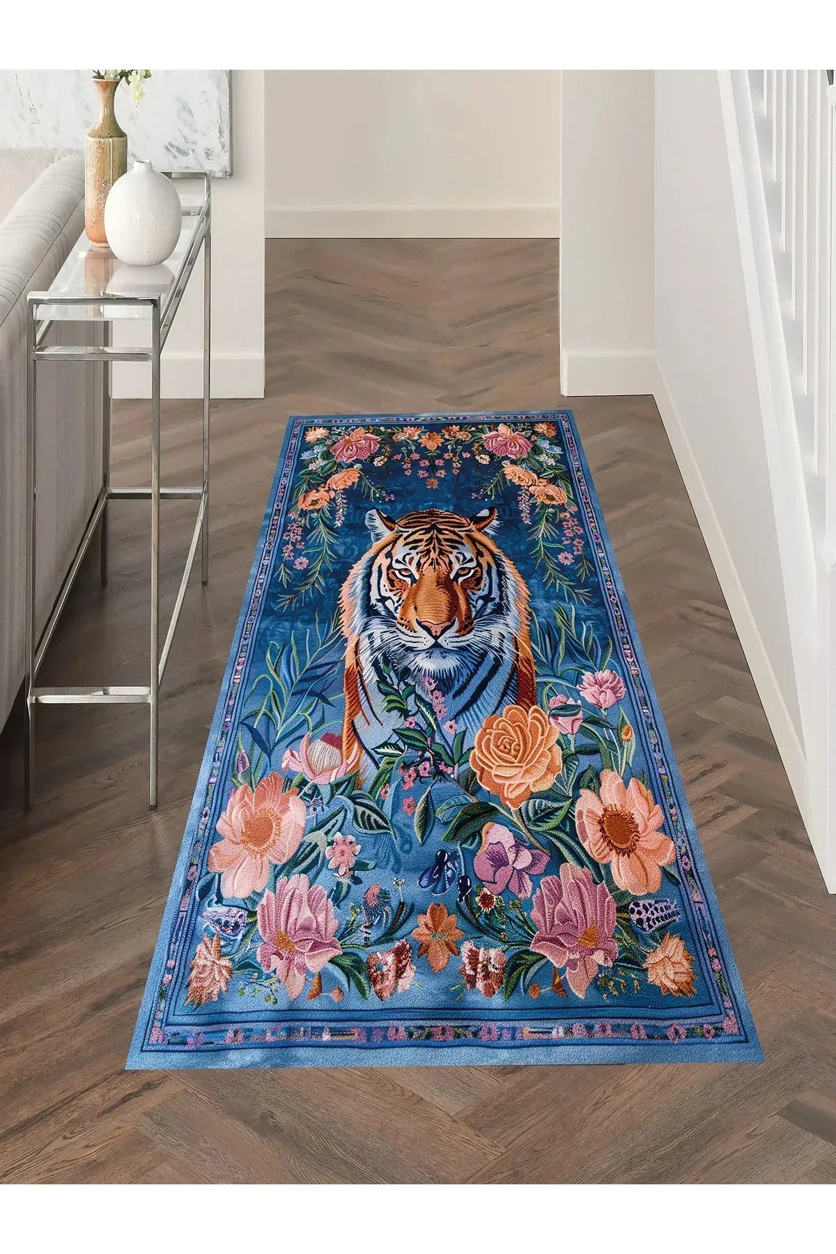 Floral Kaplan Temalı Çok Renkli Dokuma Taban Halı Salon Halısı Çocuk Halısı - HALI VAGONU