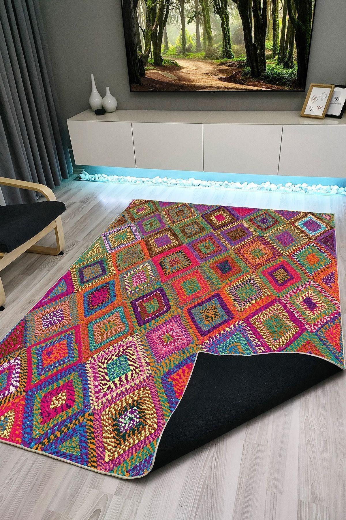 Halı Vagonu 1007 Renkli Kare Desenli Dekoratif Kaymaz Taban Halı - HALI VAGONU