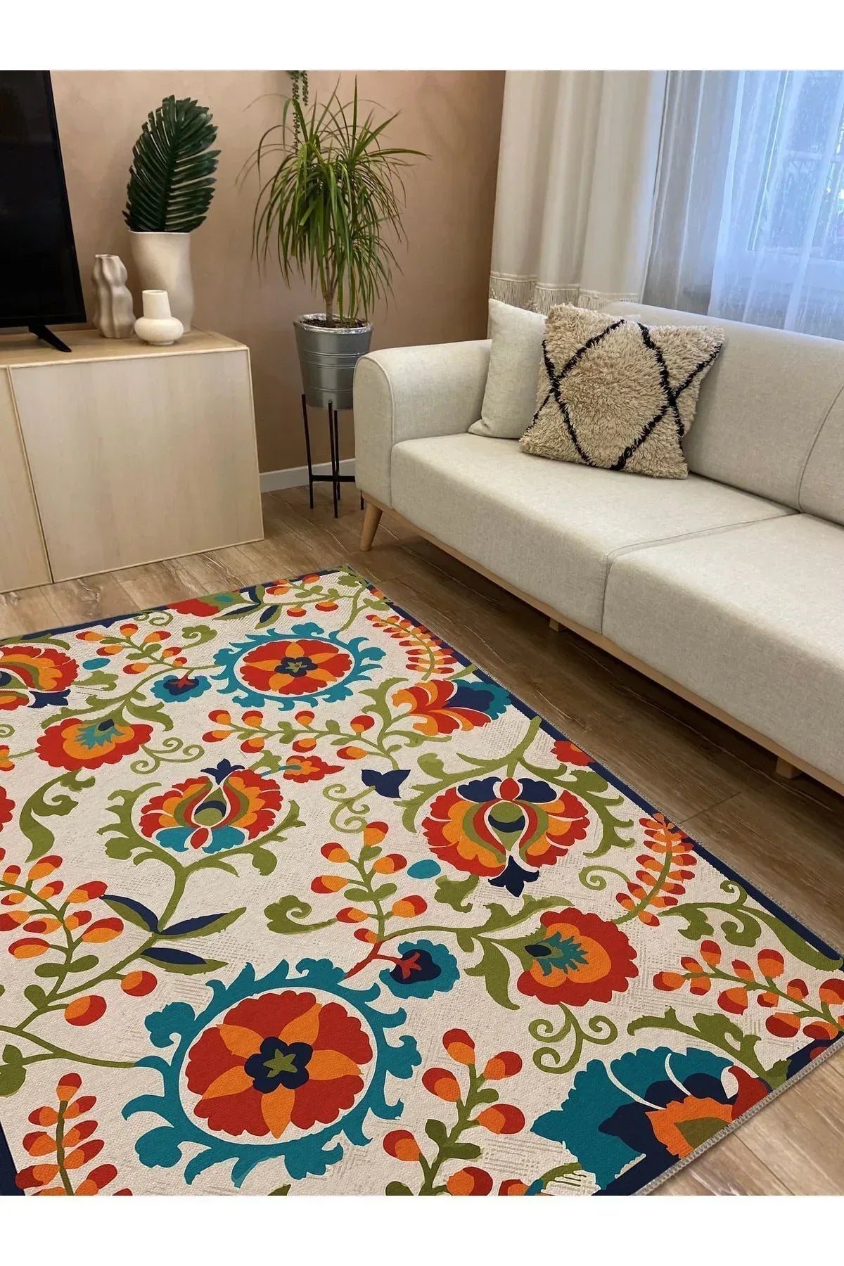 Halı Vagonu 11 Modern Stil Geniş Alan Halısı Çiçek Temalı Oturma Odası Yıkanabilen Dekoratif Halı - HALI VAGONU