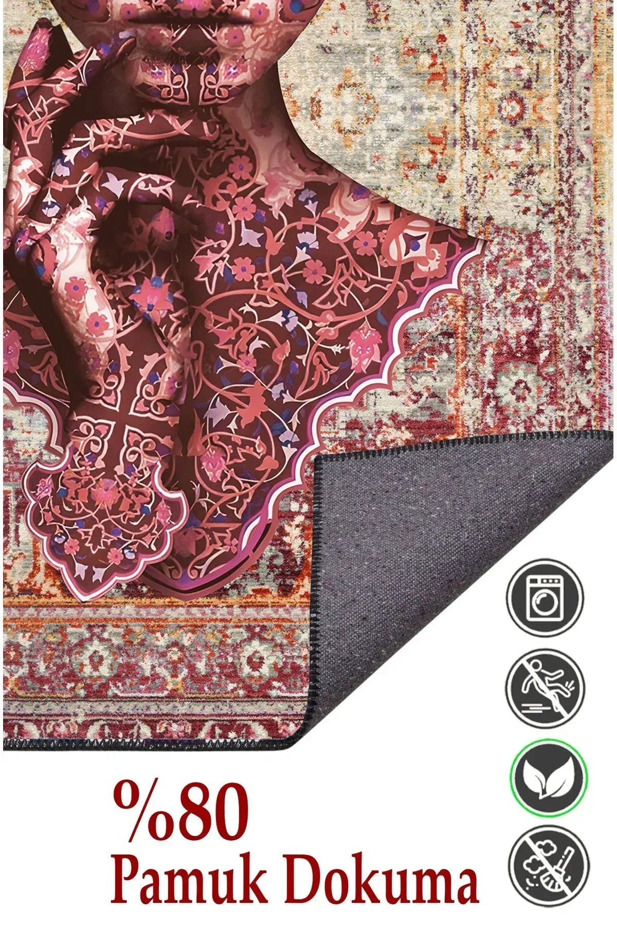 Halı Vagonu 125 Kiremit Tonunda Eskitme Kadın Silüeti Etnik Desenli Vintage Dokuma Taban Halı - HALI VAGONU