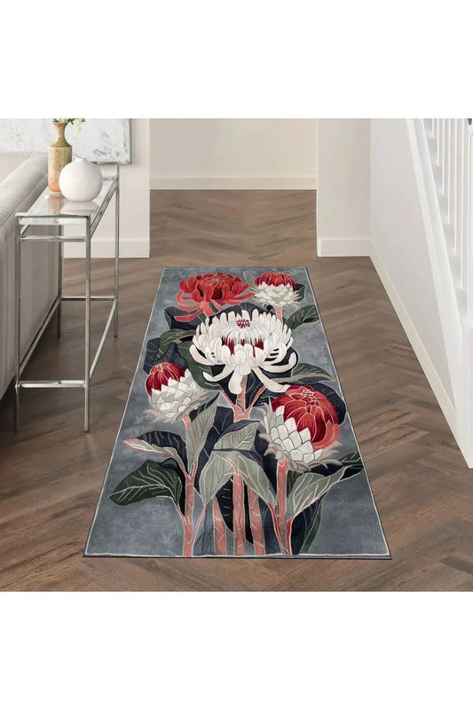 Halı Vagonu 147 Yeşil Kırmızı Büyük Çiçekli Floral Dokuma Taban Halı - HALI VAGONU