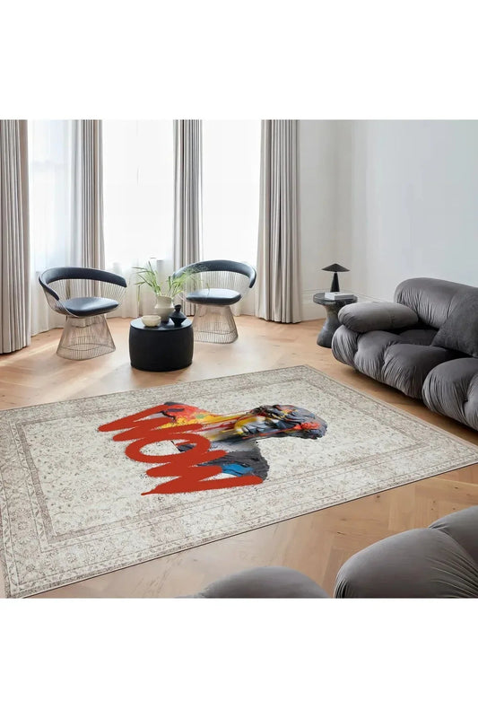 Halı Vagonu 172 Bej Vintage Wow Yazılı Heykel Art Modern Dokuma Taban Halı - HALI VAGONU