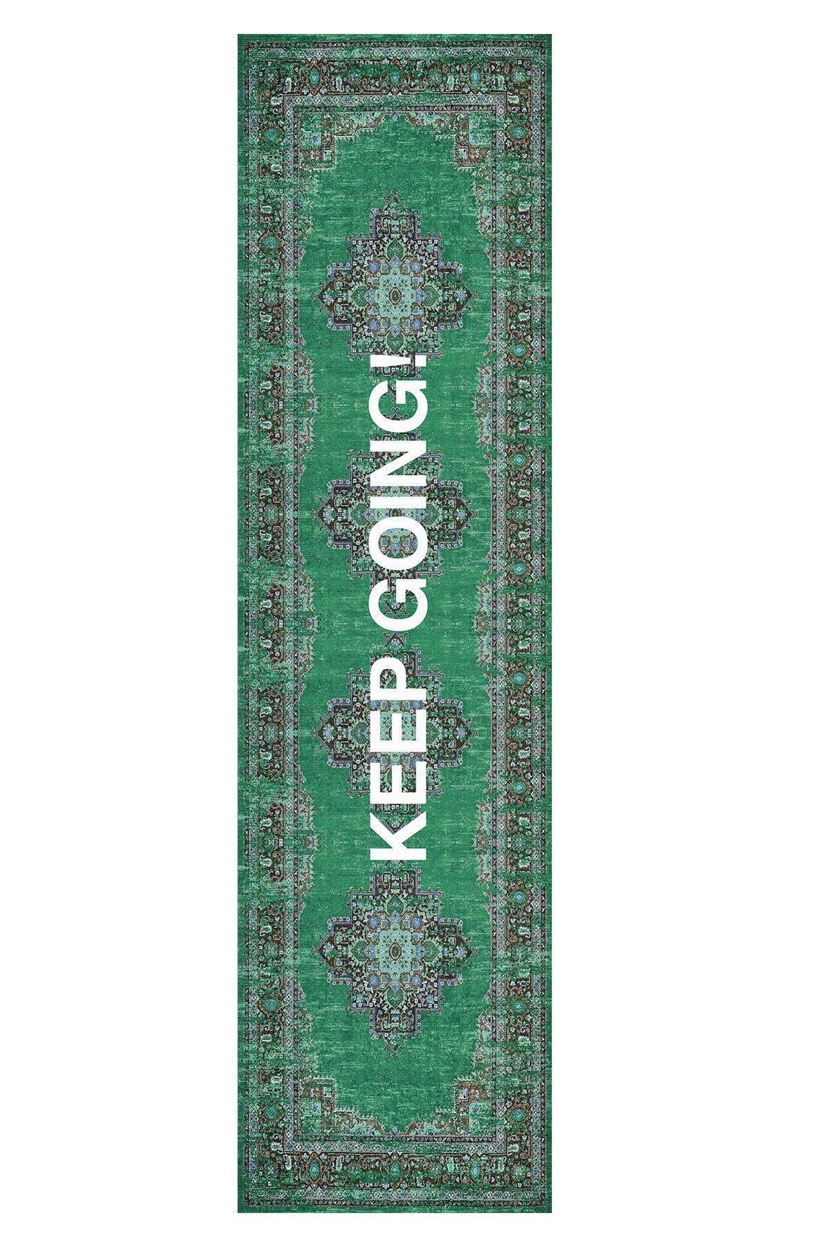 Halı Vagonu 185 Keep Going Yazılı Yeşil Etnik Vintage Dokuma Taban Halı - HALI VAGONU
