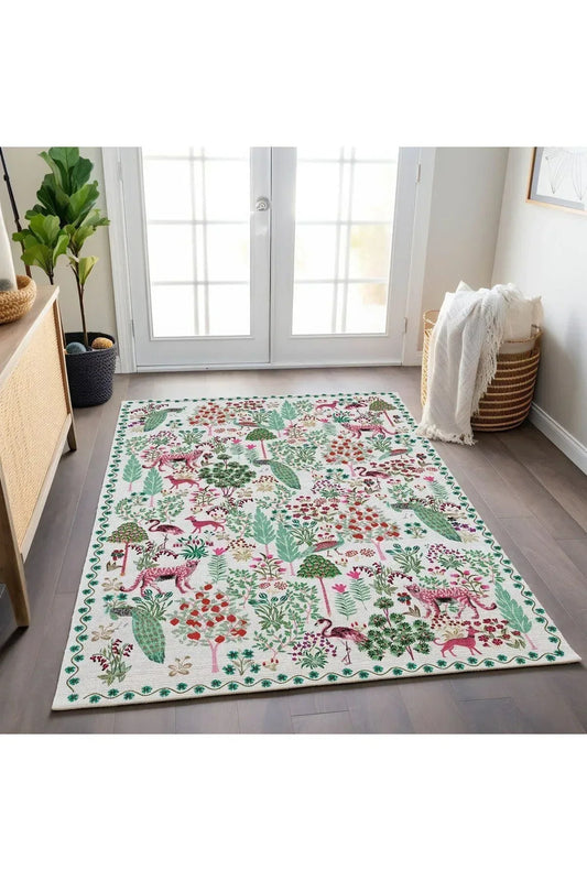 Halı Vagonu 195 Yeşil Pembe Botanik Çiçeksi Pastel Modern Dokuma Taban Halı - HALI VAGONU