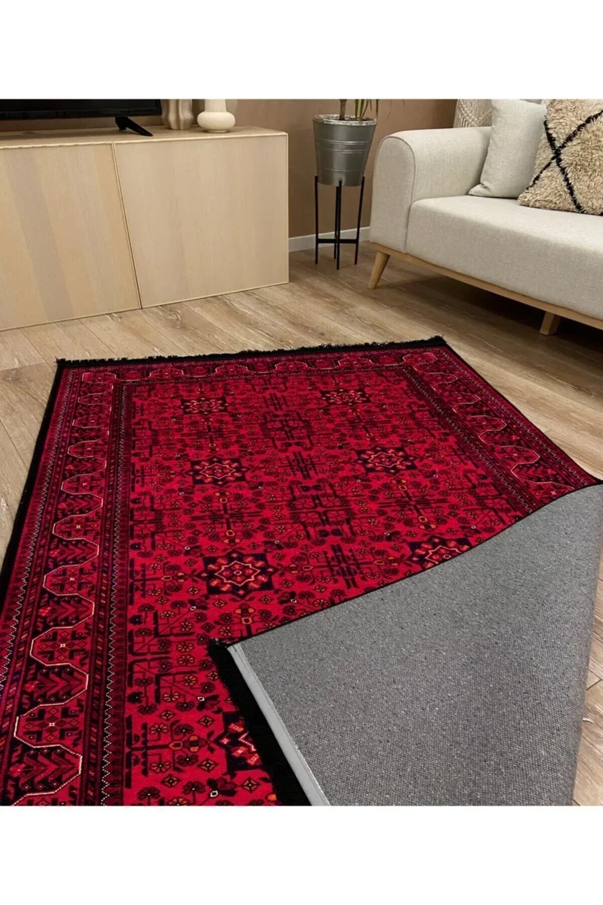 Halı Vagonu 2008 Kırmızı Tonda Bordürlü Geometrik Afgan Desen Kaymaz Taban Dekoratif Halı - HALI VAGONU