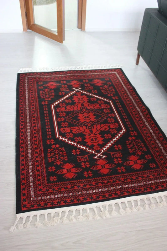 Halı Vagonu 2009 Kırmızı Siyah Bordürlü Etnik Vintage Görünüm Dokuma Taban Halı - HALI VAGONU