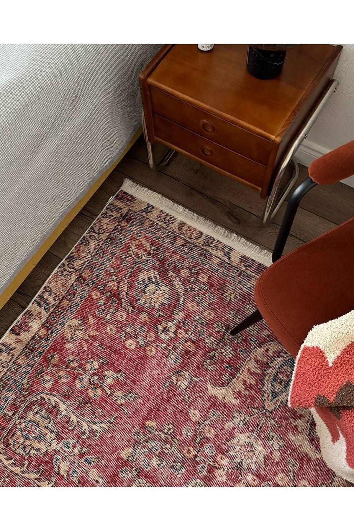Halı Vagonu 2047 Bordo Tonlarında Etnik Eskitme Pamuk Dokuma Taban Halı - HALI VAGONU