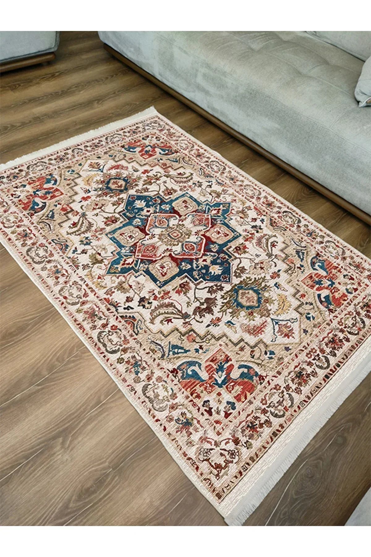 Halı Vagonu 2178 Krem Ve Bej Tonlarında Vintage Modern Saçaklı Yıkanabilen Dekoratif Halı - HALI VAGONU