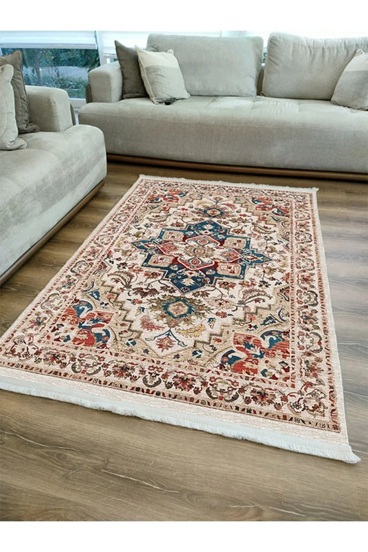 Halı Vagonu 2178 Krem Ve Bej Tonlarında Vintage Modern Saçaklı Yıkanabilen Dekoratif Halı - HALI VAGONU