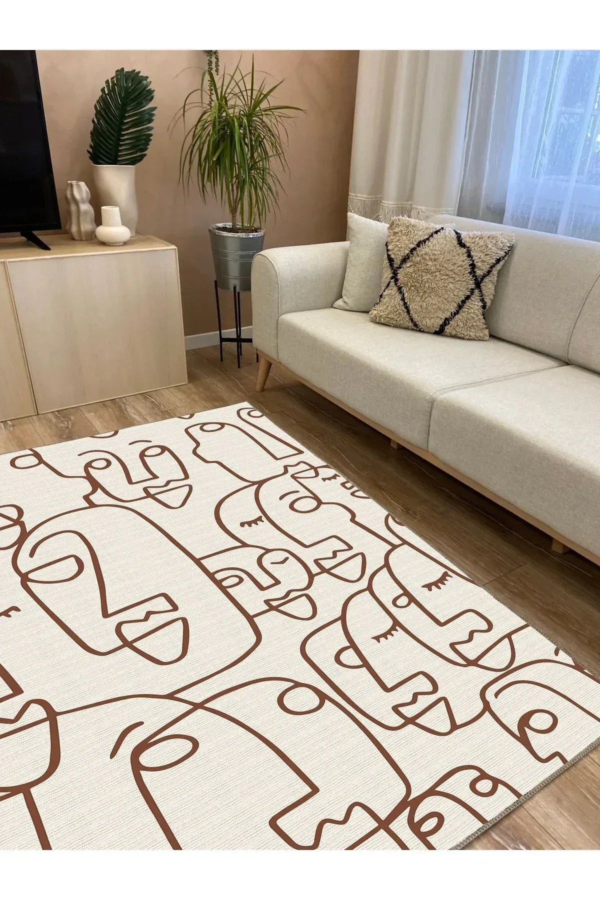 Halı Vagonu 36 Modern Stil Krem Tonlarında Iskandinav Salon Halısı Pelüş Halı Yıkanabilen Halı - HALI VAGONU