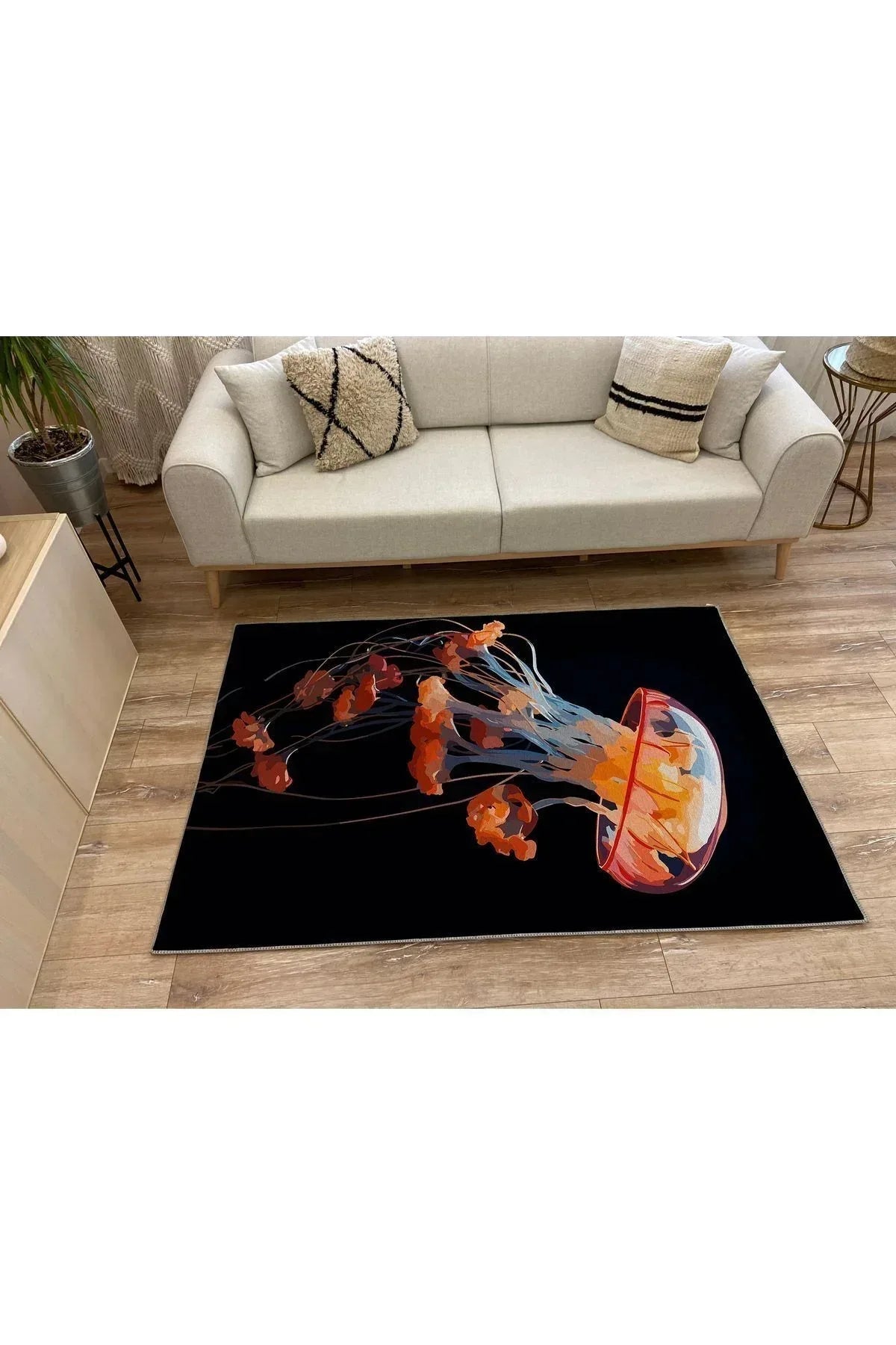 Halı Vagonu 42 Modern Stil Siyah Deniz Anası Salon Halısı Pelüş Halı Yıkanabilen Dekoratif Halı - HALI VAGONU