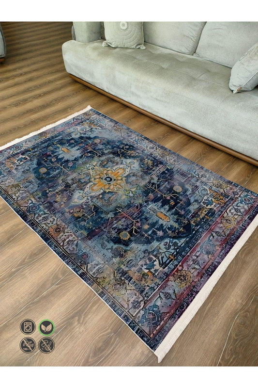Halı Vagonu 65 Modern Stil Lacivert Tonda Salon Halısı Peluş Halı Saçaklı Yıkanabilen Halı - HALI VAGONU