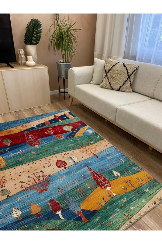Halı Vagonu 77 Renklı Manzara Temalı Dekoratif Salon Halısı Saçaklı Yıkanabilen Halı - HALI VAGONU