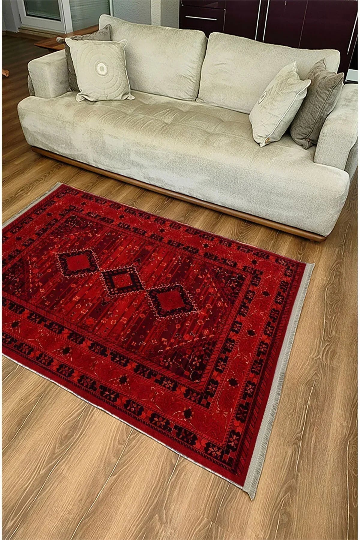 Halı Vagonu 90 Kırmızı Tonlarında Klasık Dekoratif Kilim Salon Halısı Saçaklı Yıkanabilen Halı - HALI VAGONU
