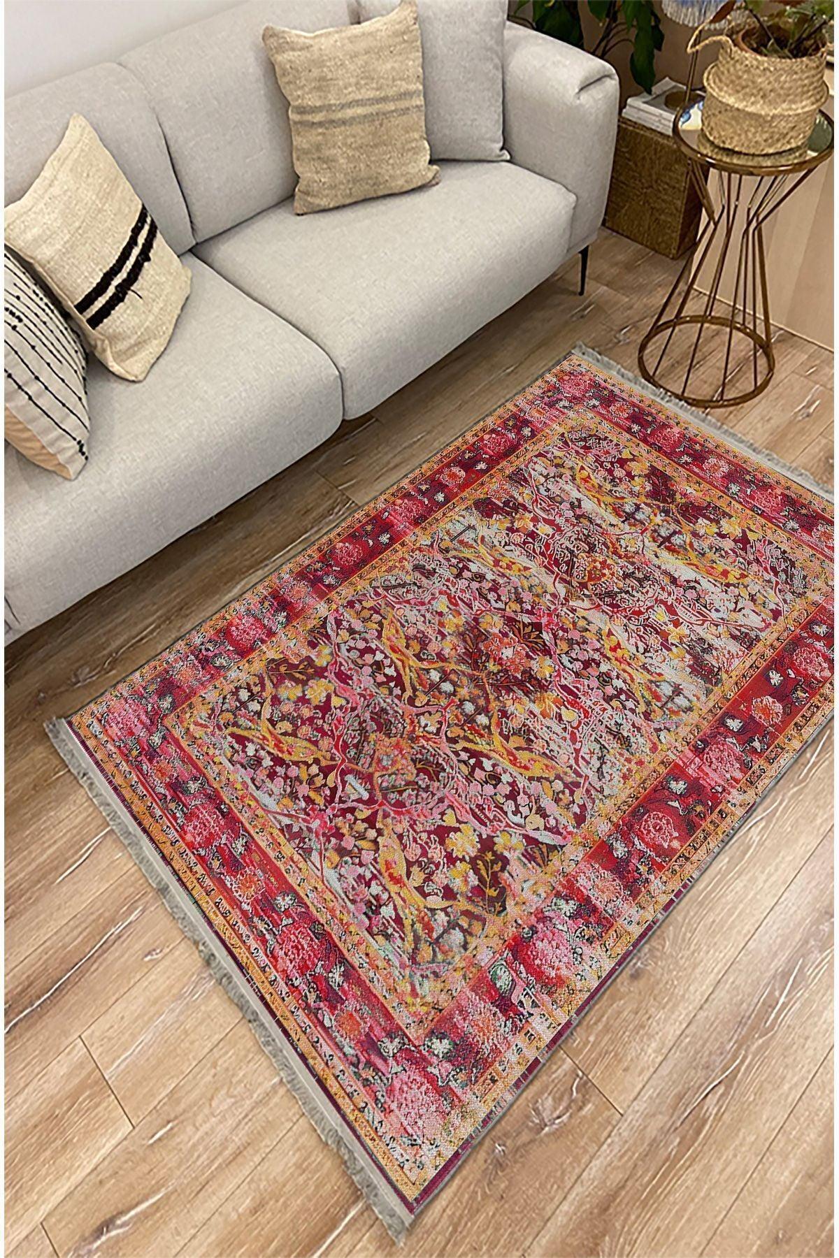 Halı Vagonu 93 Fuşya Tonlarında Klasık Dekoratif Kilim Salon Halısı Saçaklı Yıkanabilen Halı - HALI VAGONU