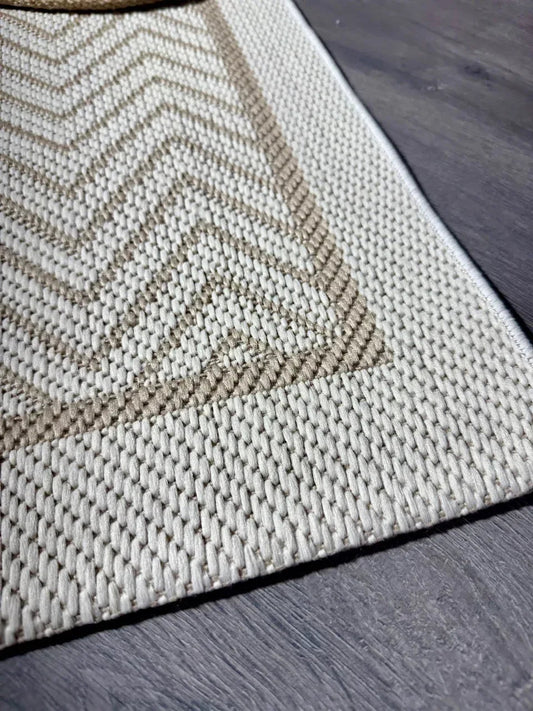 Halı Vagonu JS9717 Jüt Sisal Halı - Zigzaglı Krem Bej, Kaymaz Taban, Hav Yapmaz, Dayanıklı - HALI VAGONU