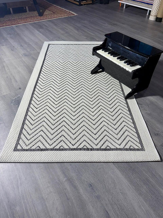 Halı Vagonu JS9718 Jüt Sisal Halı - Zigzaglı Antrasit Beyaz, Kaymaz Taban, Dayanıklı - HALI VAGONU