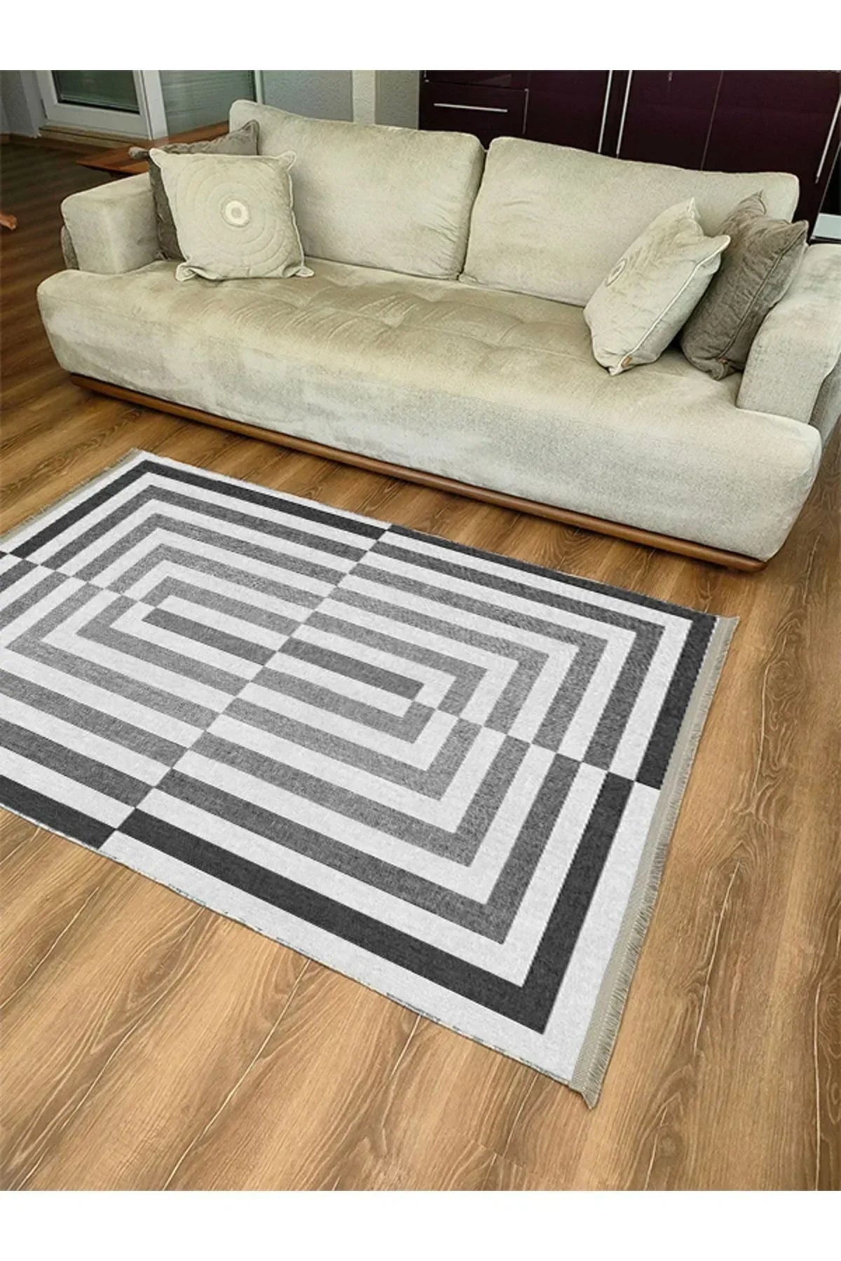 Halı Vagonus 2190 Gri Geometrik Yıkanabilir Kaymaz Tabanlı Salon Halısı, Koridor Ve Mutfak Halısı - HALI VAGONU