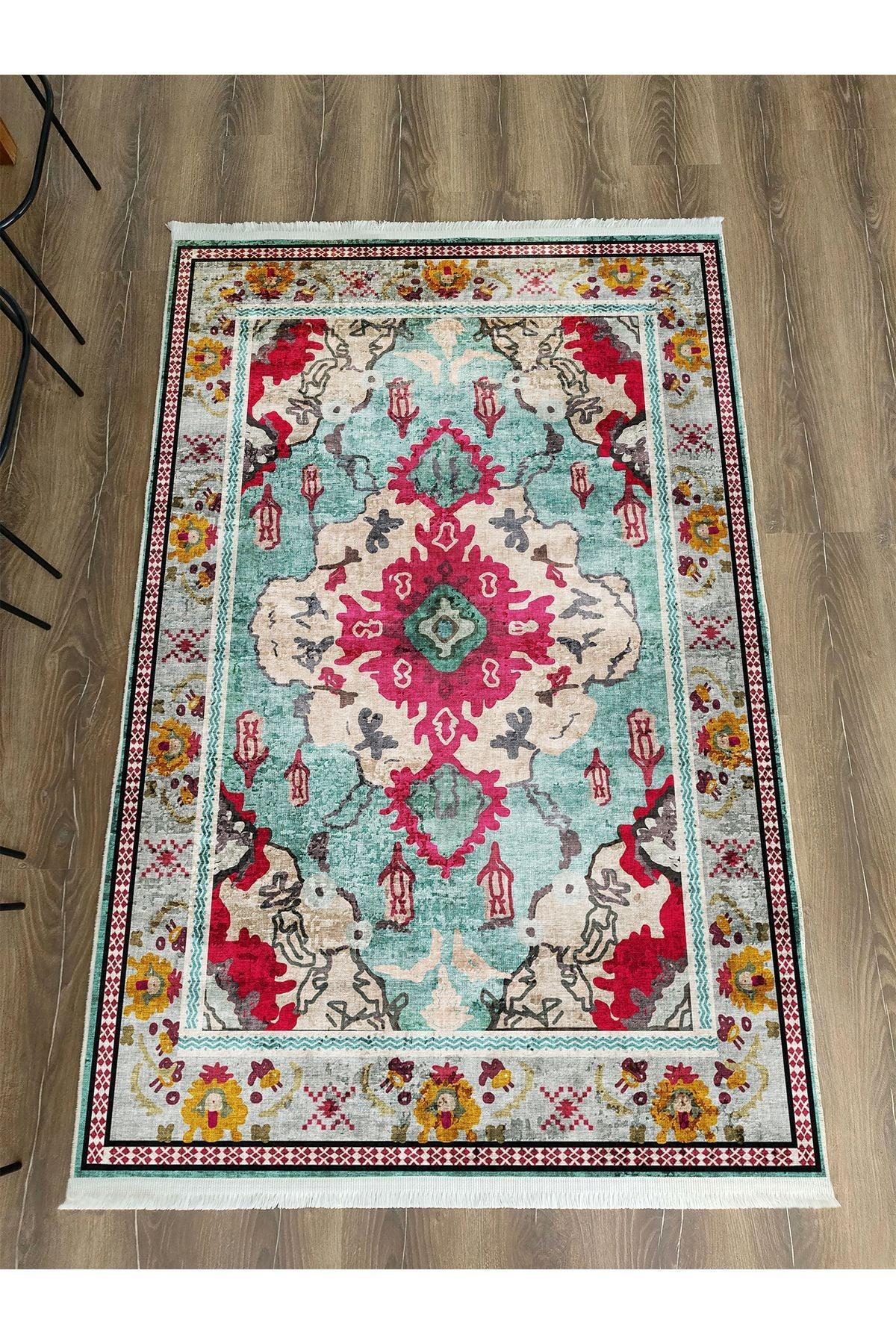 Halı VagonuTurkuaz ve Kırmızı Desenli Vintage Halı - Geleneksel ve Modern Tarz 2142 - HALI VAGONU